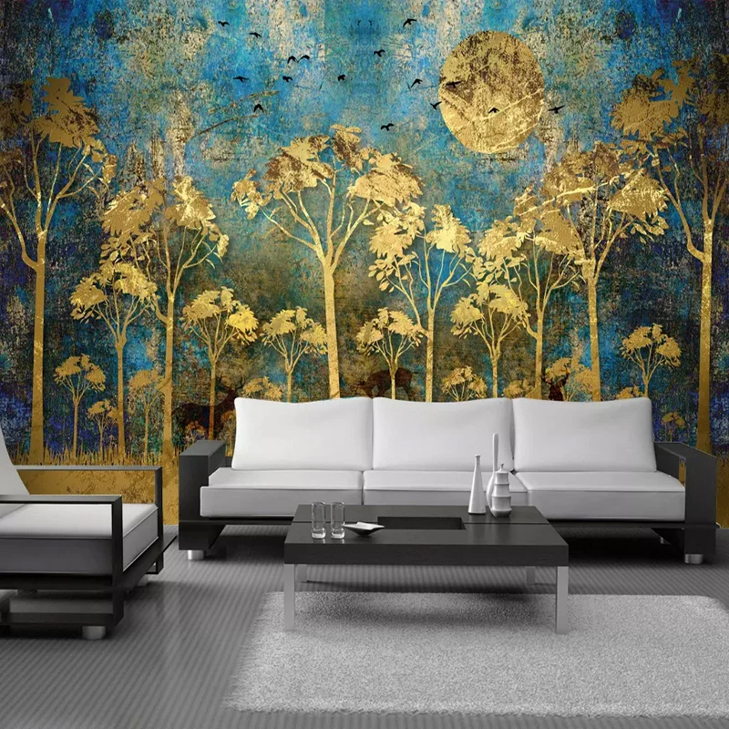 Custom Mural Painting Chinese Style Abstract Golden Forest Tree Bird Deer Photo Wallpaper Living Room Bedroom Art Wall Decor