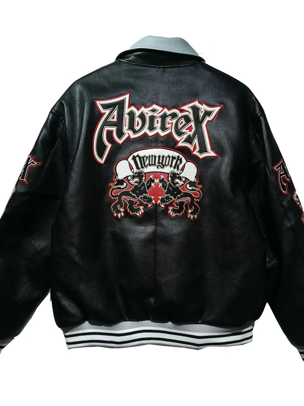 Retro Vintage Spliced Color Block Men's Leather Jacket Heavy Embroidery Pilot Jacket Baseball Uniform Outerwear Personality