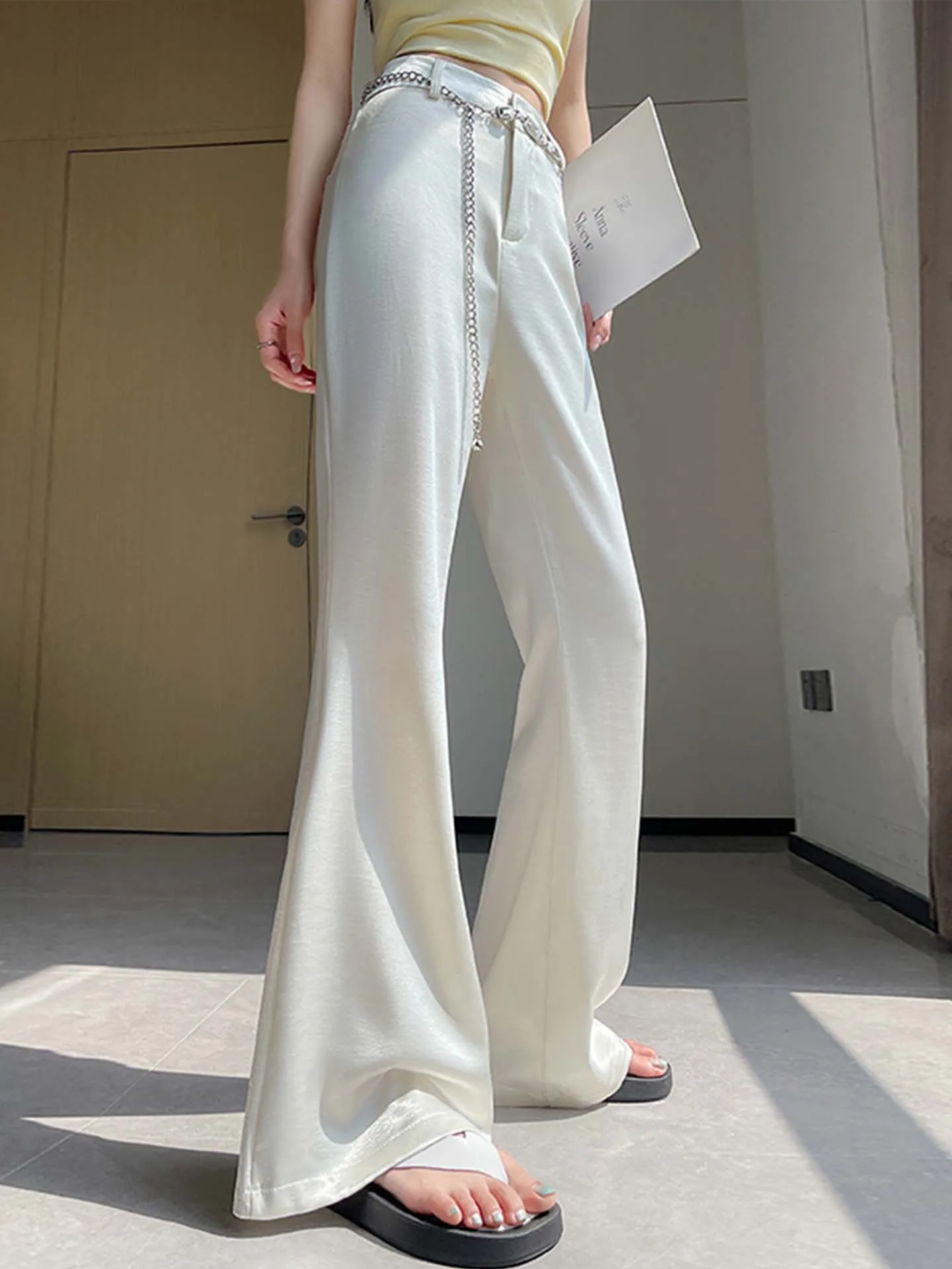 

Шелковистые ацетатные брюки-клеш с высокой талией для женщин: летние, тонкие, прохладные, элегантные, струящиеся, премиум-класса