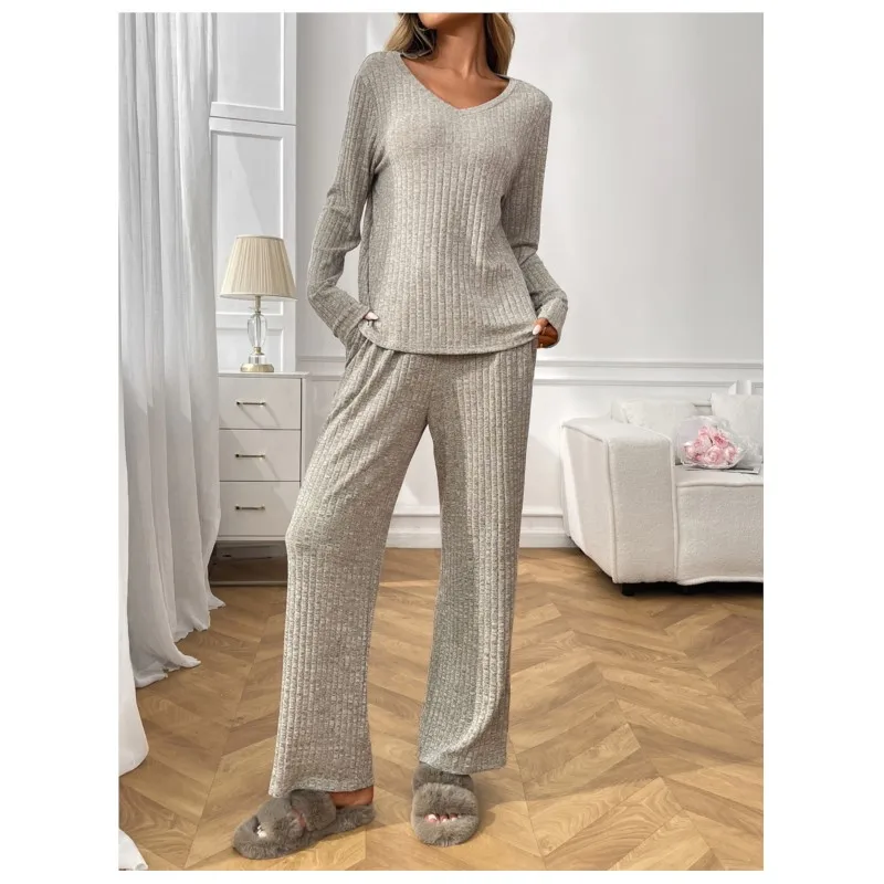 

Women's Clothing 2025 New Style Pit Striped Pajamas V-neck Long Sleeved Top With Lace Up Pockets Long Pants Home Suit Autumn