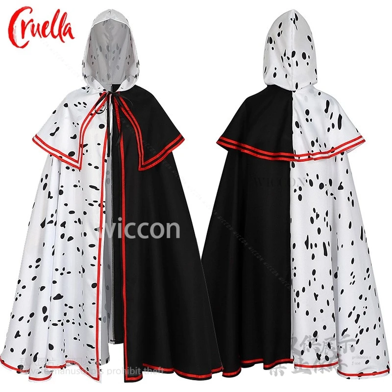 Cruella 코스프레 의상 애니메이션 블랙 화이트 포인트 후드 망토 케이프 무대 공연 의상 성인 여성 할로윈 카니발 파티