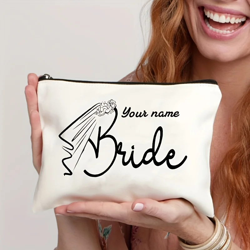 A Personalized Makeup Bag with a Custom Name Designed for Brides Featuring Floral and Dress Illustrations Foldable Zipper