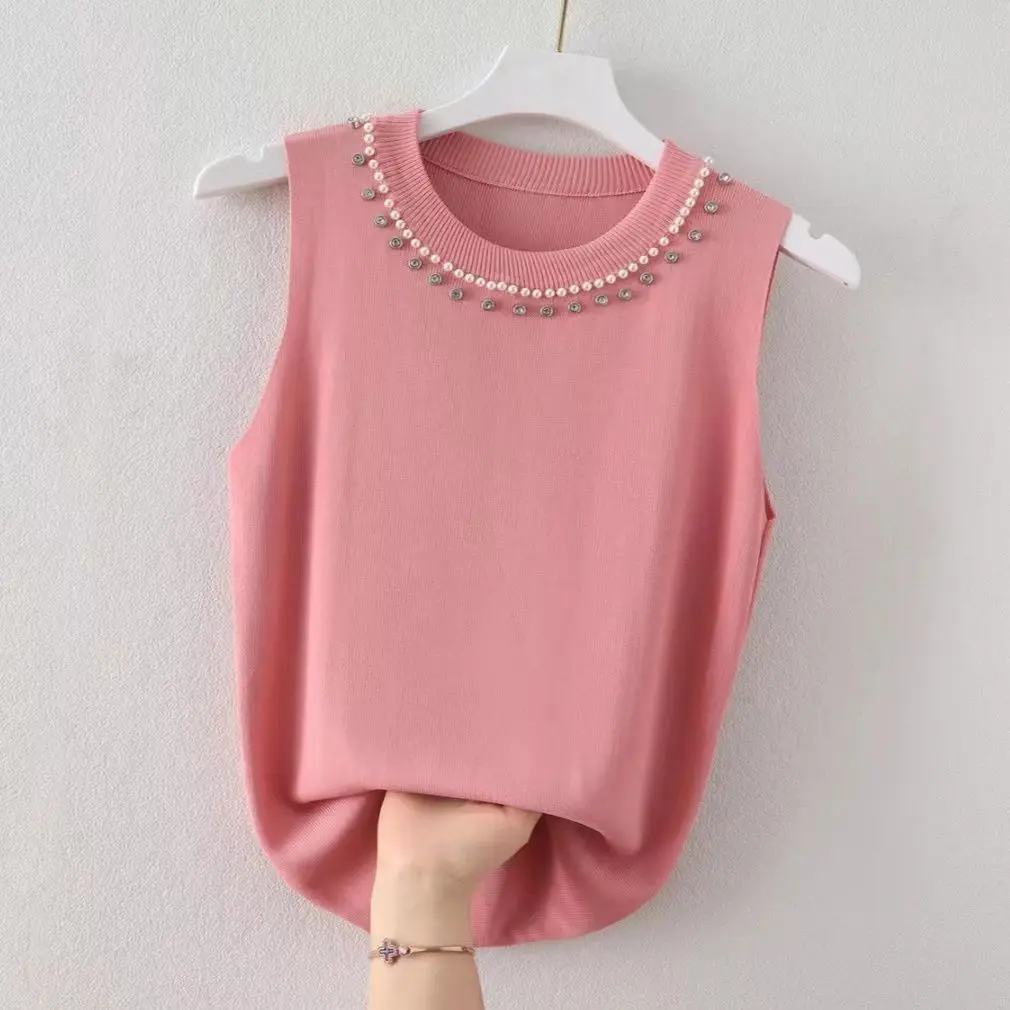 Einfache, beliebte, einfarbige, ärmellose Strickweste für Damen – Vielseitiges Sommer-Oberteil 2026 mit Rundhals und Perlen – Lässiger Trend – Detail 2