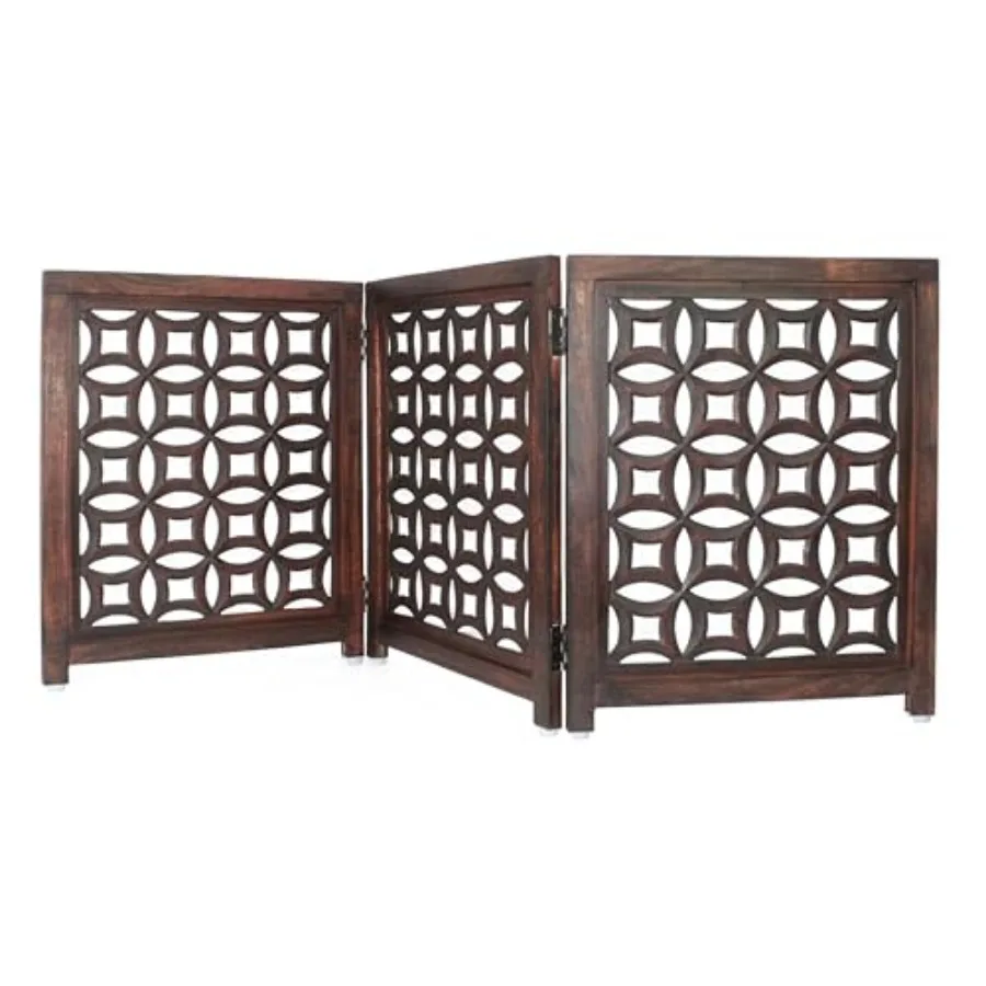 

Wooden Foldable Pet Dog Safety Gate -3 Panels 20"Wx24"H- Hand Carved Solid Wood And MDF - Free Standing Portable Indoor Doorway