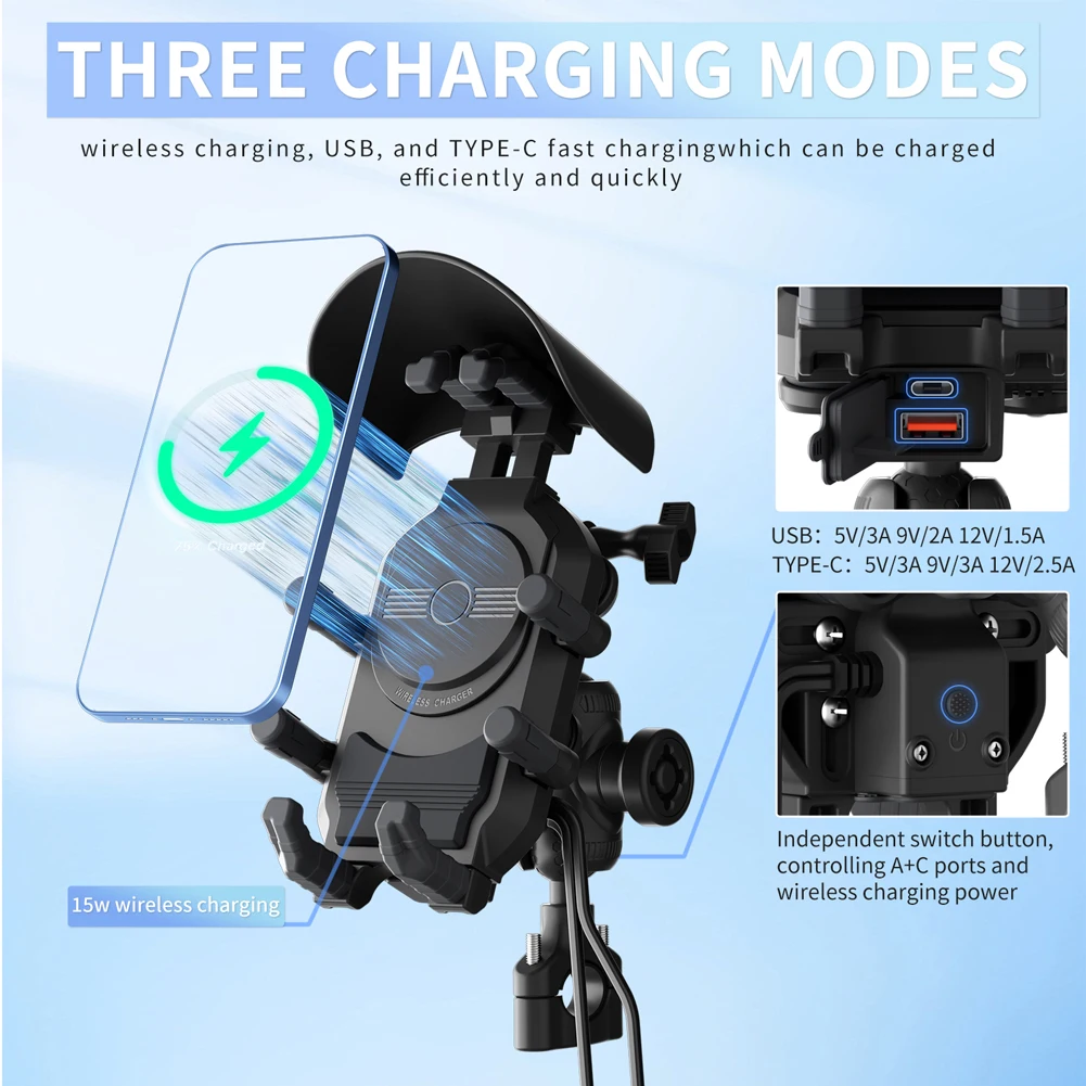 

Smartphone Handlebar Mount 15W Wireless Charging Shockproof Mobile Phone Mount Anti-Theft Motorbike Phone Bracket Waterproof