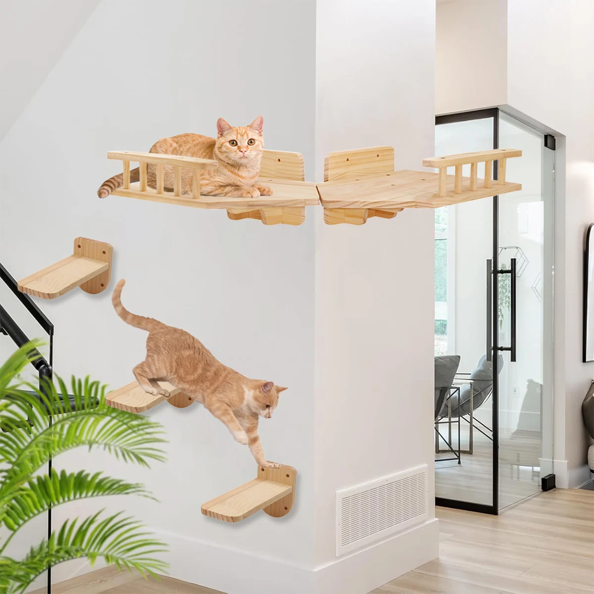 Wall Mounted Cat Wall Climbing Furniture Cat Corner Guardrail Steps and Platform Scratching Posts For Cat Walking and Playing