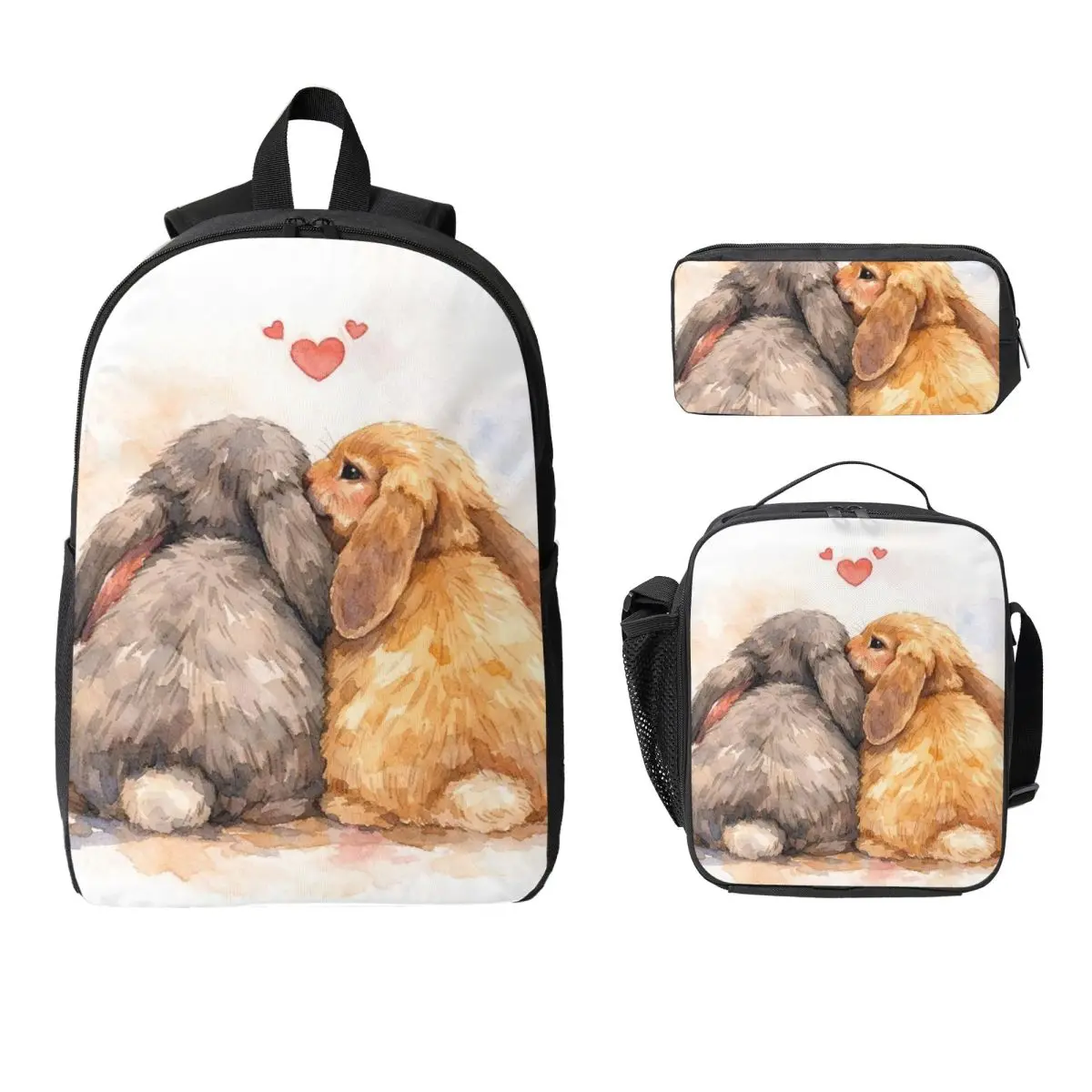 Two Whimsy Rabbit Backpack Student BookBag School Bag Laptop Shoulder Bags 3ps Insulated Lunch Bag Pencil Case