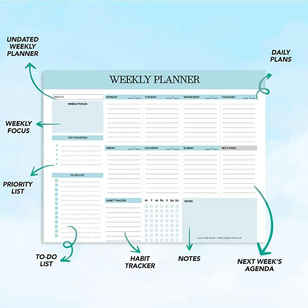 おしゃれなメモ帳デスクオーガナイザー、スパイラルバインディング付き週間プランナー、学校・仕事用ToDoリスト52枚