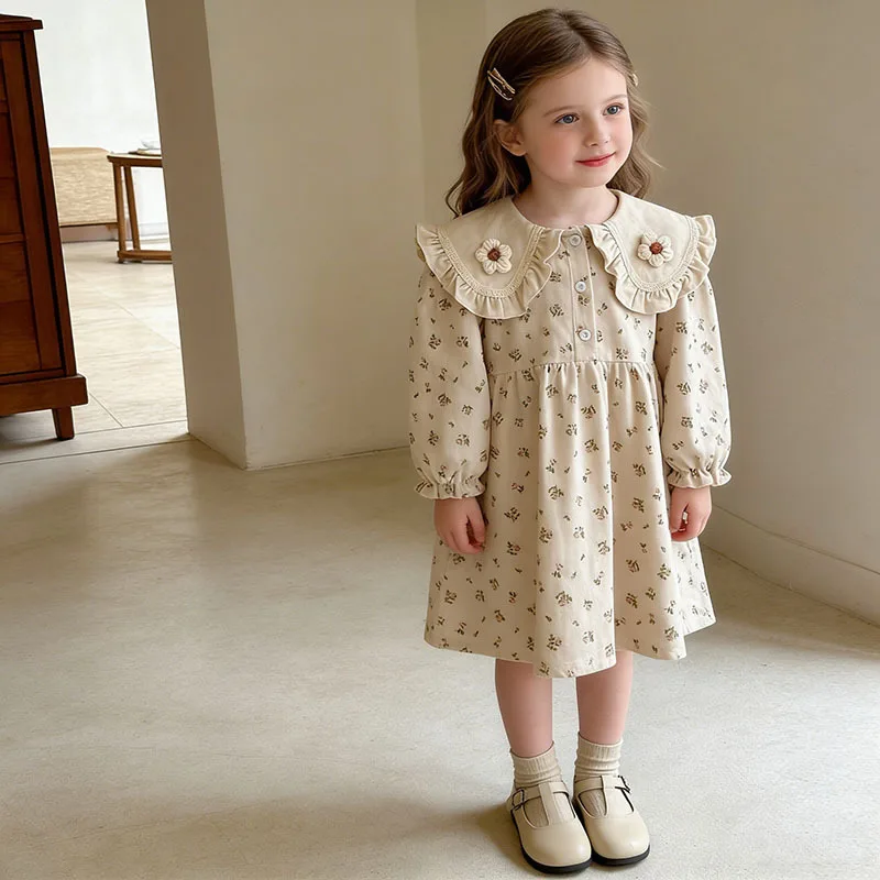 

Girls' Dress Spring and Autumn New Children's Long Sleeve Doll Collar Floral Stylish Girl's Dress Cotton Children's Clothing