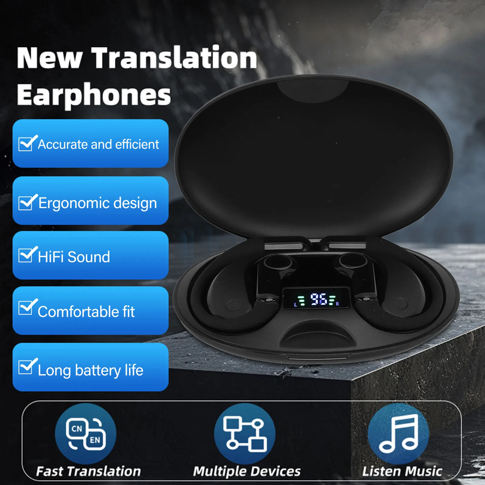 Auricolari traduttore con gancio per l'orecchio Batteria a lunga durata Qualità audio HiFi Auricolari accurati per traduzione linguistica AI Compatti per le aziende