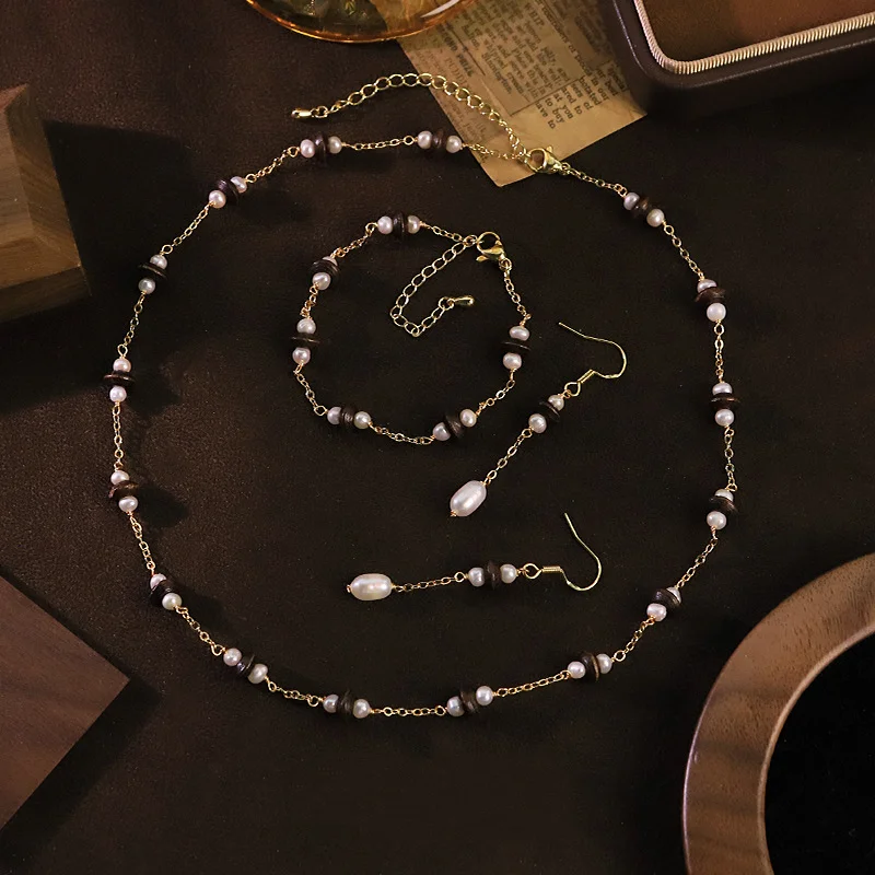 Tiger Eye Stone Pearl Combined Three Piece Jewelry Set For Women Versatile All Match Clavicle Neck Chain Gift Accessory