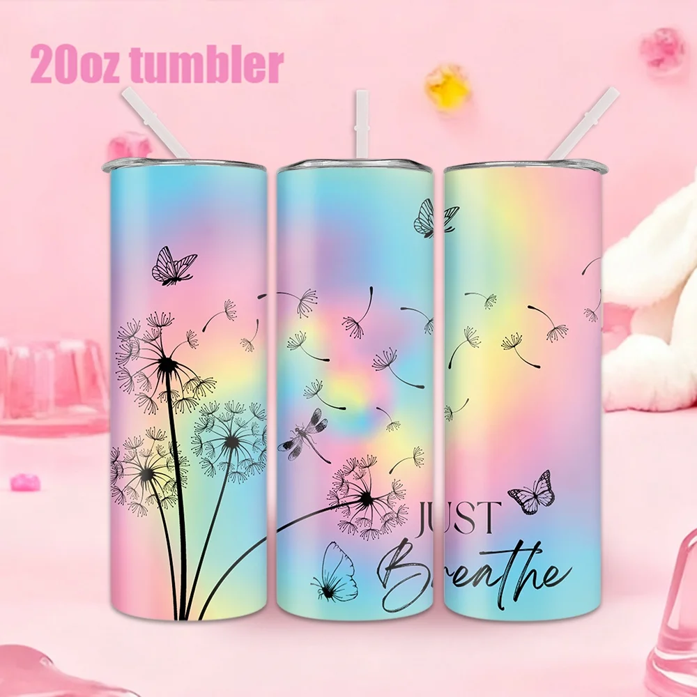 1 Stück 20oz Trinkflasche mit Strohhalm, isolierter Edelstahl-Wasserbecher mit Regenbogen-Hintergrund, Löwenzahn- und Schmetterlingsmuster.
