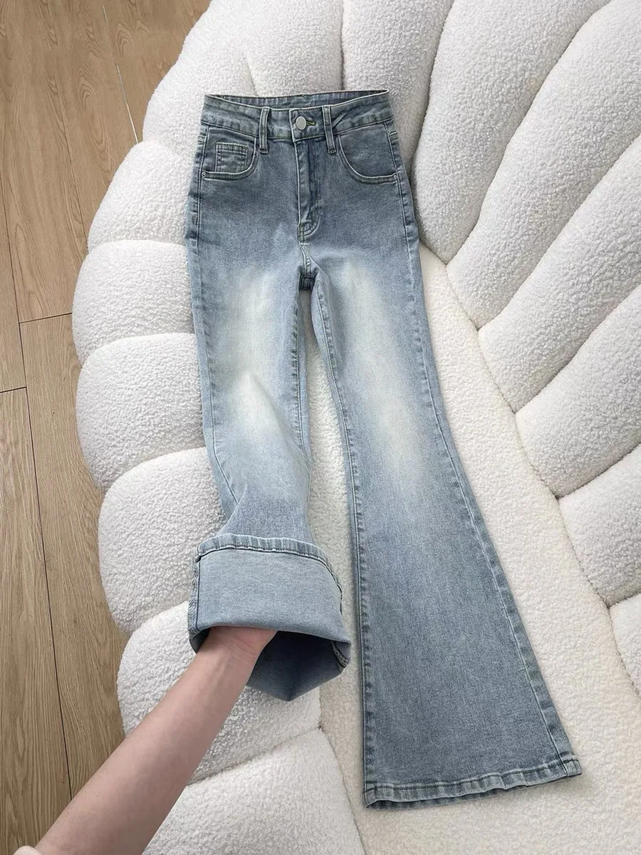 Light Blue High Waist Bell Bottom Jeans Women's Spring Autumn New Small Size Slimming Long Pants Drag Floor American Style
