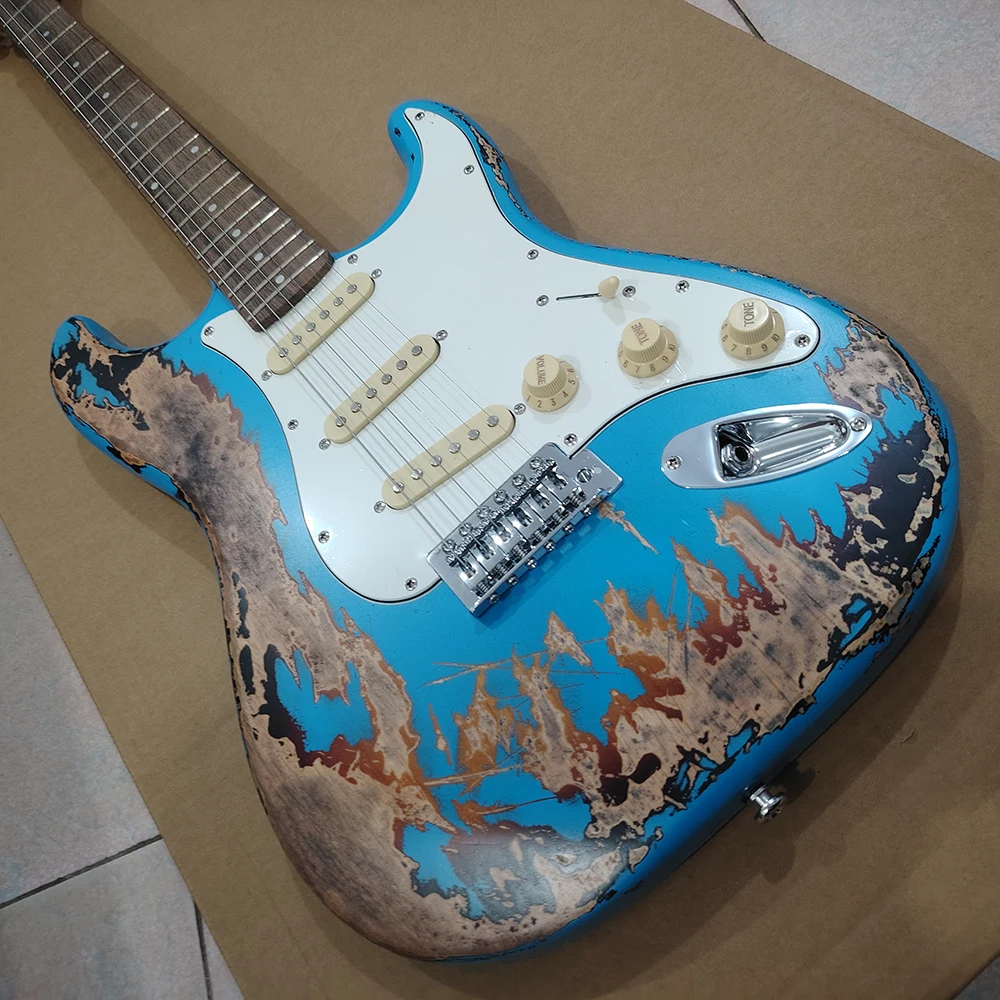 High quality blue and red multi-color relic treated electric guitar, swamp wolfberry guitar body, maple guitar head, in stock, f