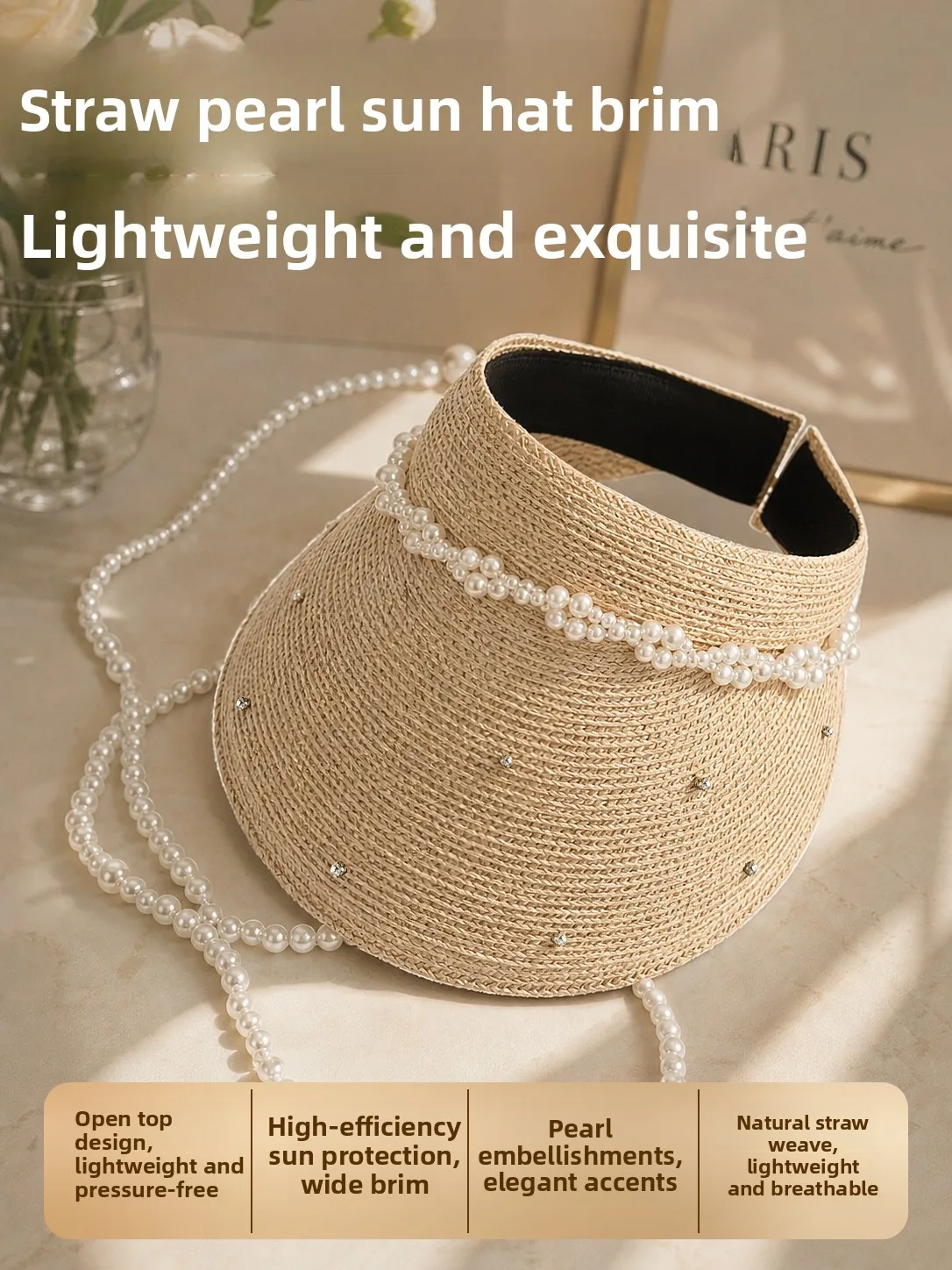 moon-pearl-decorated-raffia-straw-hat-women's-summer-open-topped-sun-protection-hat-beach-vacation-handwoven-straw-hat