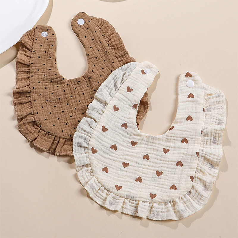 

Children Bib Cotton Muslin Toddler Baby Comfortable Saliva Color Dorp Shape Towel Ruffle Floral With Button Kid Bibs