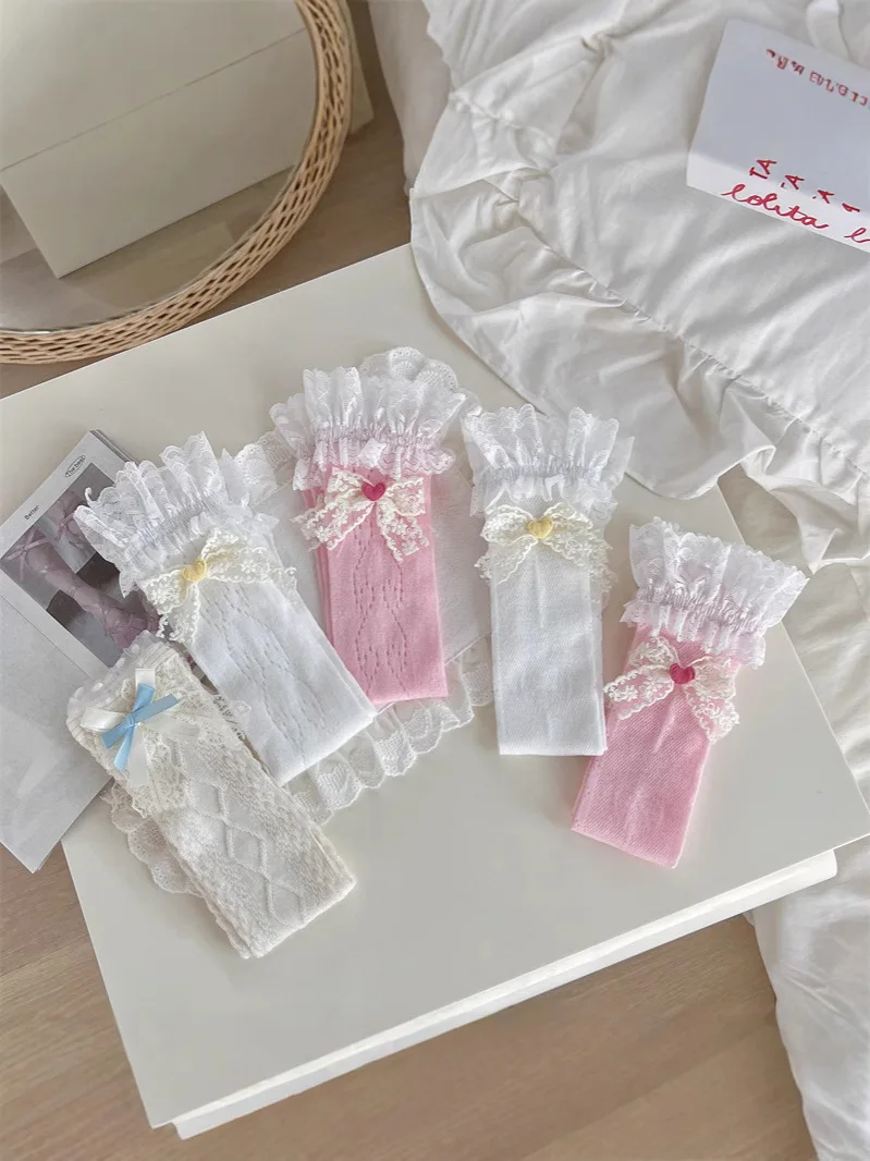 Kids Mid-Calf Socks Summer Thin Beautiful Lace Ruffle Bowknot Cute Girl Socks Breathable Children's Socks