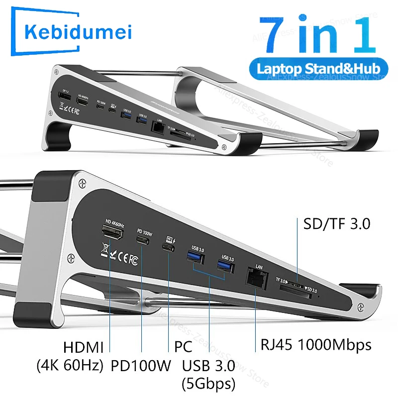 Image of ﻿ ﻿ KEBIDUMEI Aluminium-Laptopständer mit 7-in-1 HUB 4K 60Hz HD SD/TF-Kartenleser USB3.0 PD-Ladegerät RJ45 1000Mbps Dockingstation