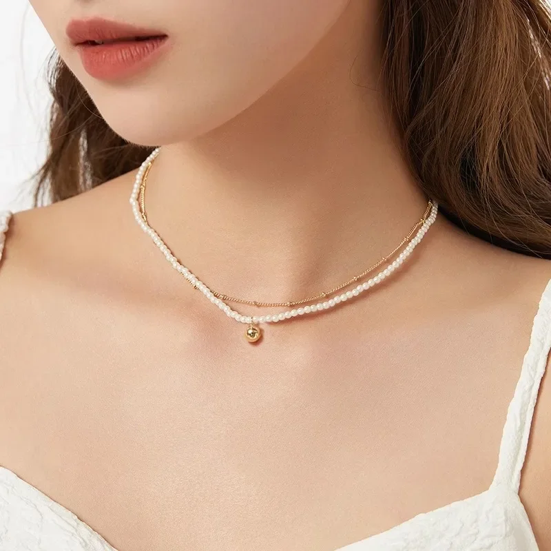 ALLNEWME Retro  Real Gold Plated Brass Double Layered Strand Chain Ball Imitation Pearl Beaded Chokers Necklaces for Women