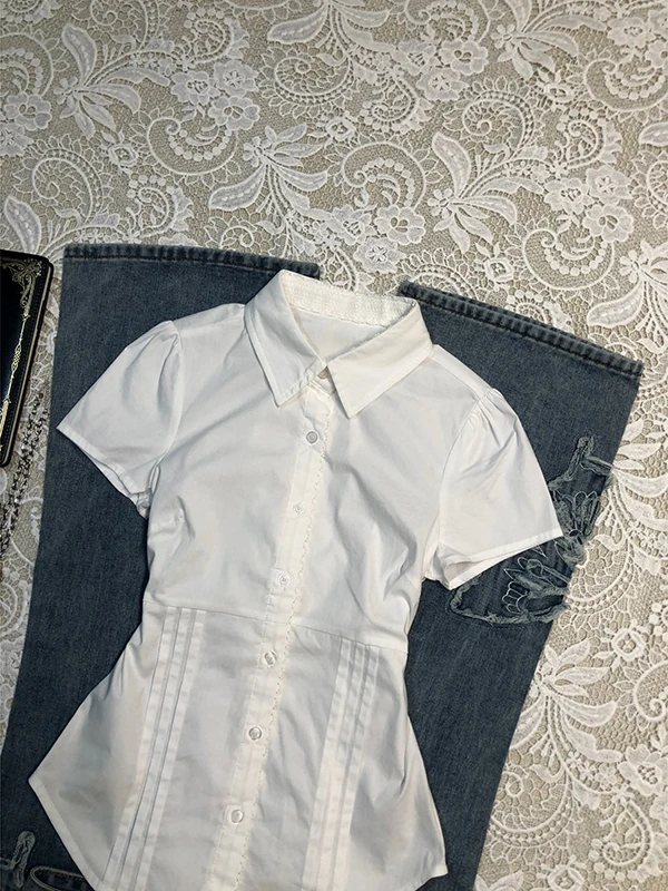 Originele diepblauwe V-ne ort Sve irt dames zomer vintage vintage Sle katoenmix recht gesneden woon-werkverkeer Sle irt