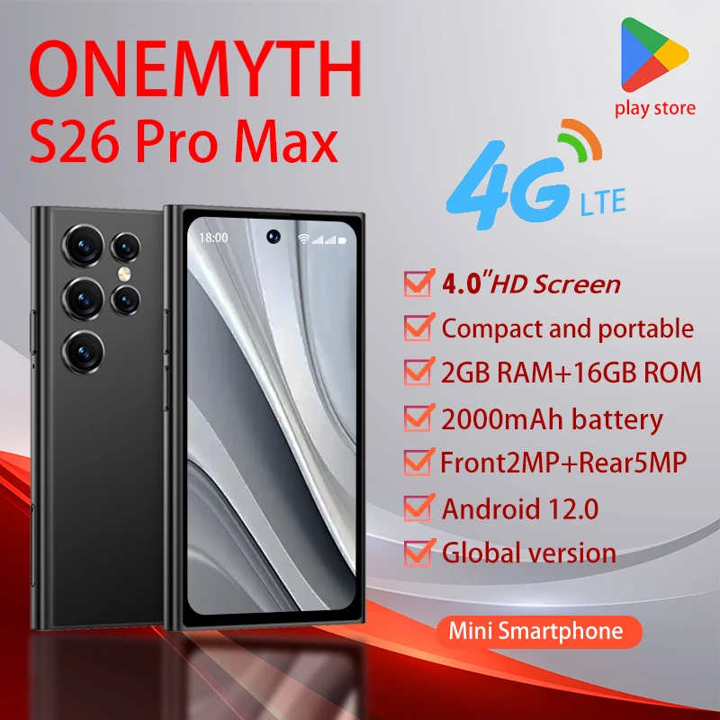 ONEMYTH S26 Pro 4G Smartphone System 12.0 4.0-inch 4G Dual SIM 3GB Memory 64GB 2000mAh Battery Mini Phone