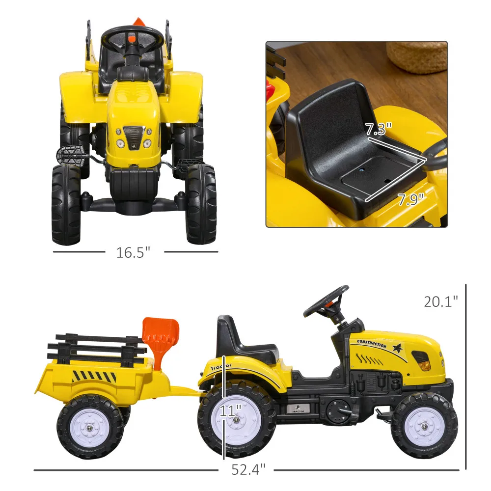 Kids Ride on Farm Tractor, Manual Pedal Ride on Car with Back Storage Trailer, Shovel & Rake, Horn for Age 3 Years Old, Yellow