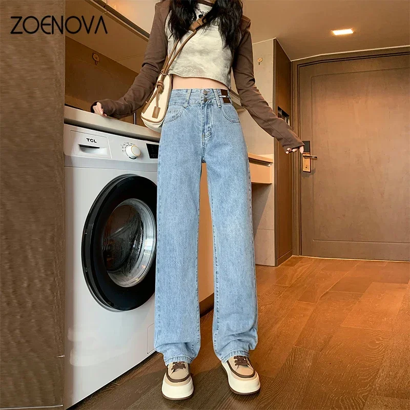 

ZOENOVA Korean Version Women Wide Leg Pants Ladis Casual Jeans Fashion High Waist Vintage Double Button Small Straight Trousers