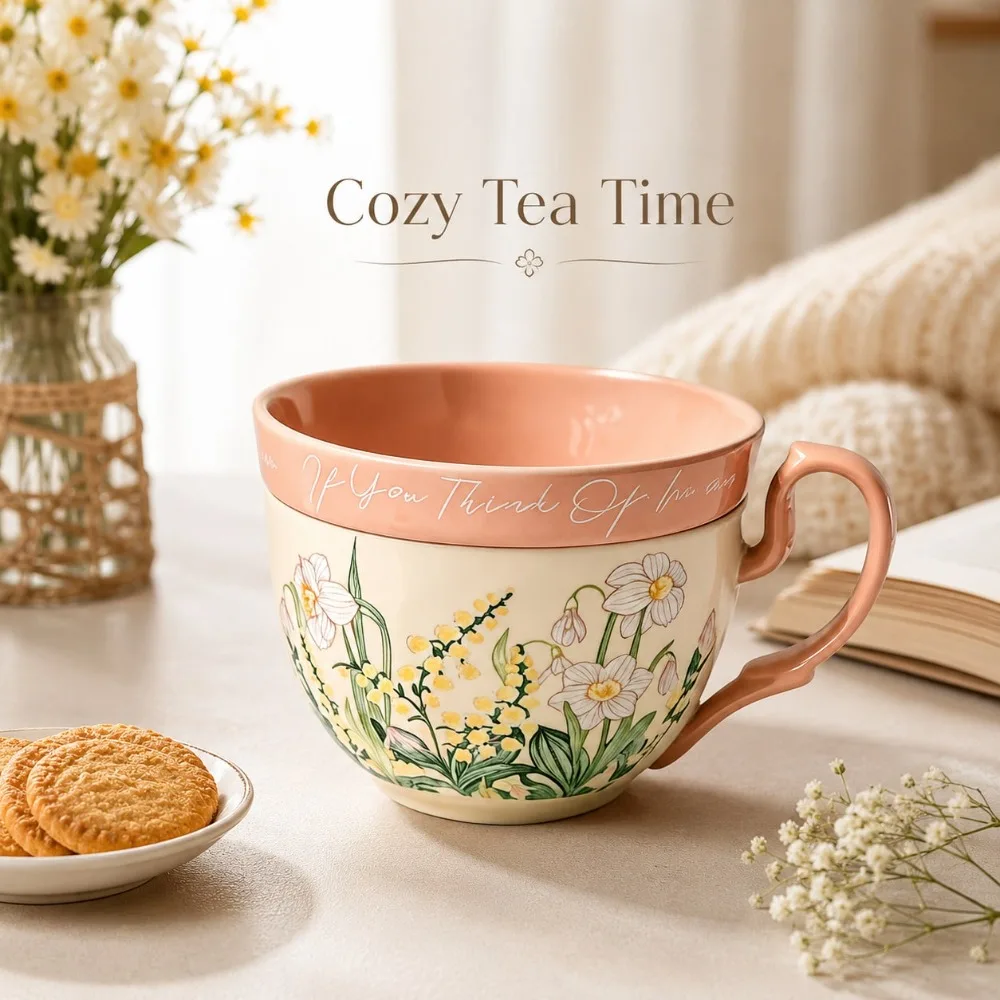 Juego de tazas de café de cerámica vintage con diseño de lirios verdes y bandeja a juego, juego de tazas florales retro diseñadas para café, latte, capuchino, leche, té y bebidas de desayuno, taza de cerámica de gran capacidad con elegante patrón de flores de lirio que crea una mesa artística y romántica.