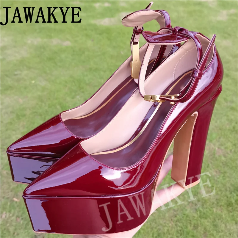 

2022 Platform Patent Leather Sandals Luxury Brand Women Chunky Pointy Toe High Heels Sexy Women Banquet Pumps Ladies Sandals