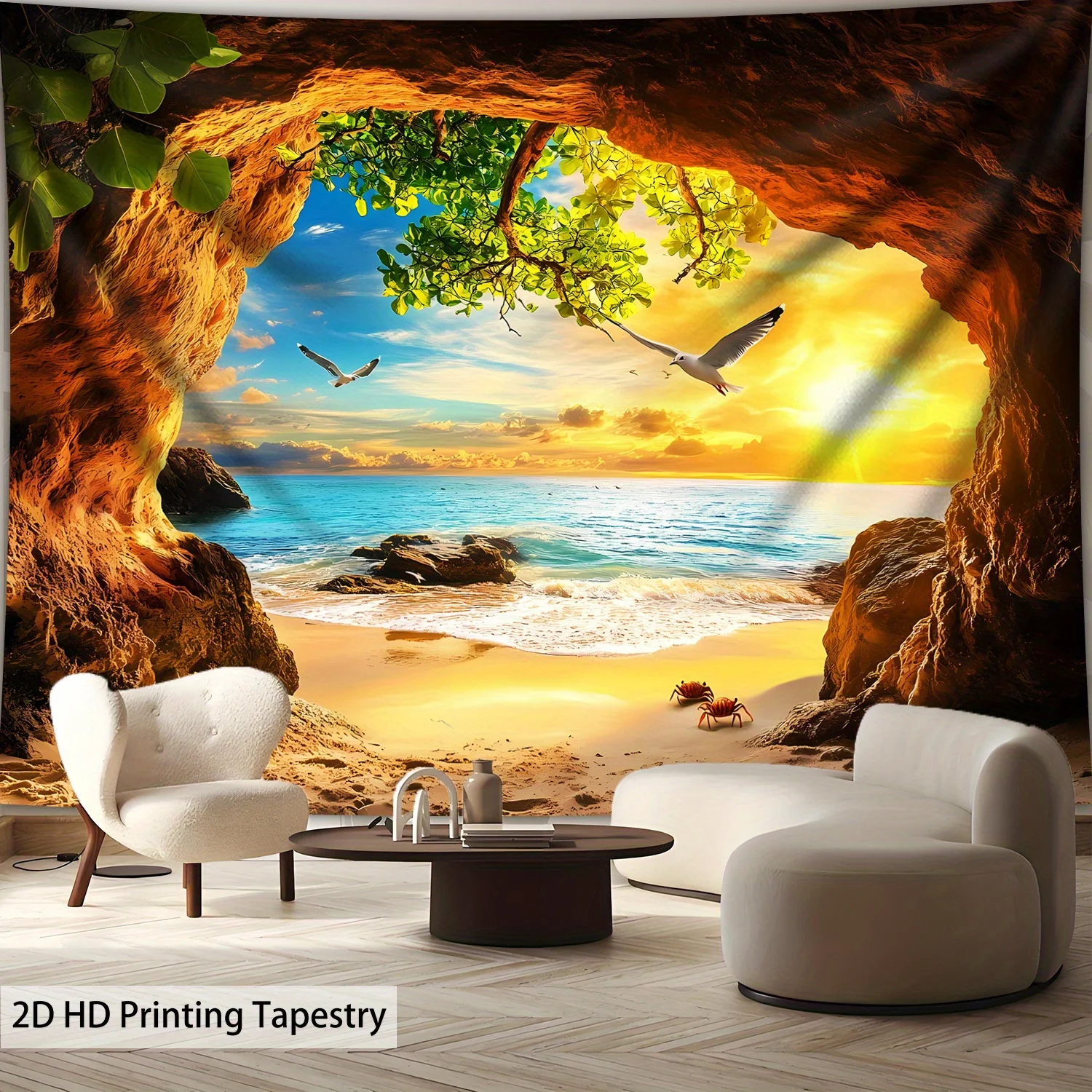 2D Flat, [ 2D Flat Printing] 1pc Ultra Large Size Rock Cave Seaside Landscape Aesthetics High-Definition Print Tapestry Birthday