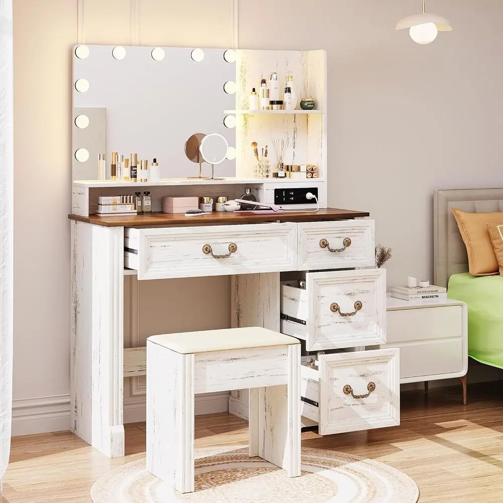 3-Color Adjustable Vanity Desk with Mirror, Light, Power Outlet, and Stool for Makeup, Suitable for Teens and Women, Antique Whi