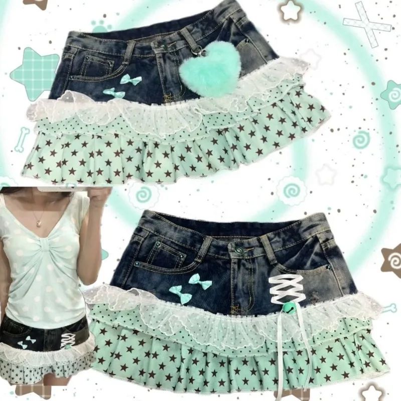 Y2K Vintage Retro Outfit E-girl Mint Chocolate Chip Star Design Skirts Polka Dot Element Patchwork Denim Mini Skirt 2026 Summer