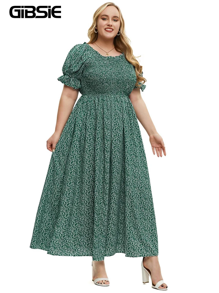 GIBSIE Plus Size Ditsy floreale o-collo arricciato manica a sbuffo vestito donna vacanza spiaggia estate vita alta Swing Maxi abiti lunghi