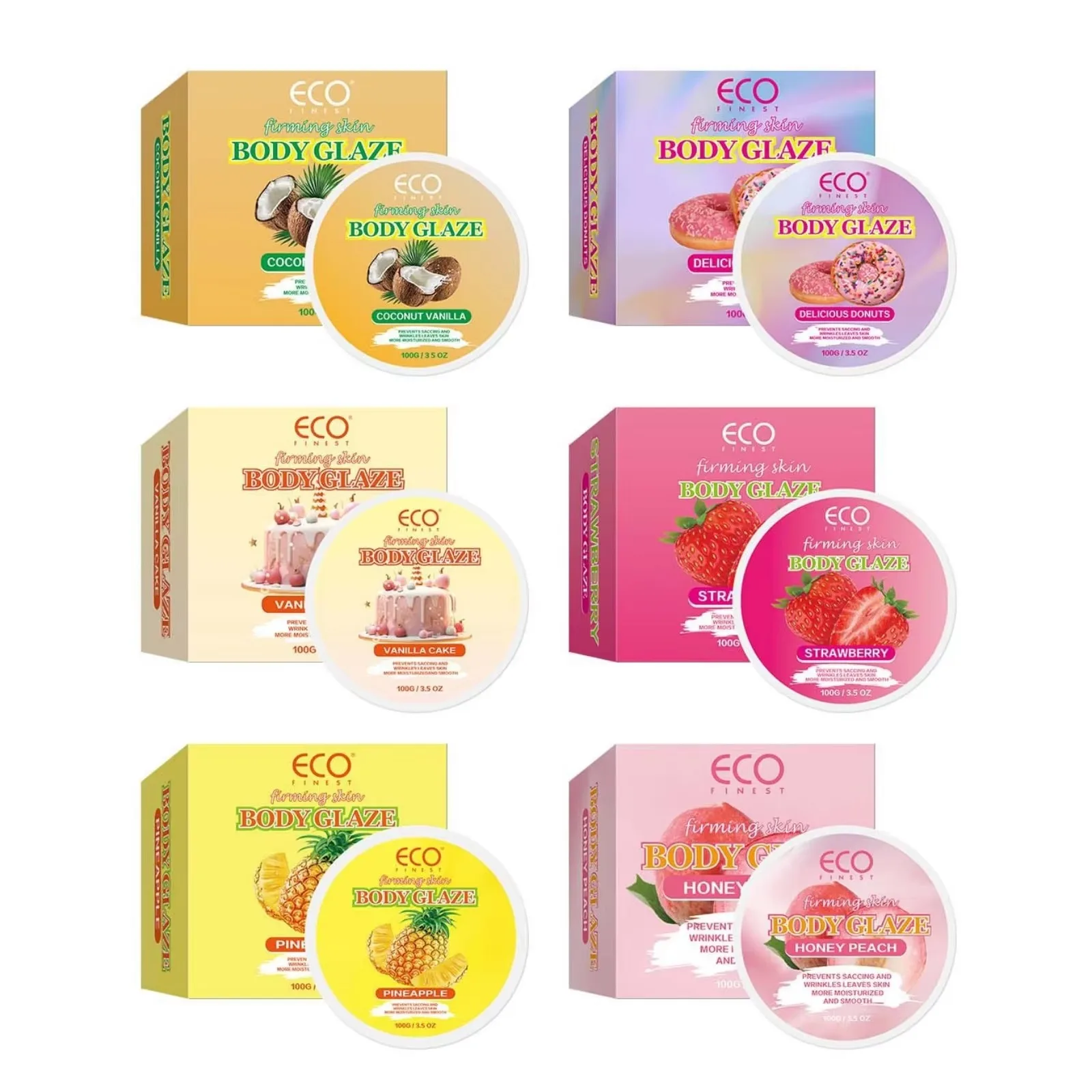 Six piece set (strawberry, peach, pineapple, coconut, donut, vanilla cake) to keep moisture and moisturize the body