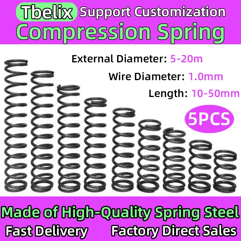 Tbelix Wire Diameter 1.0mm 5PCS Compression Coil Spring Return Spring Steel Pressure Springs  OD 5-20mm Length10-50mm