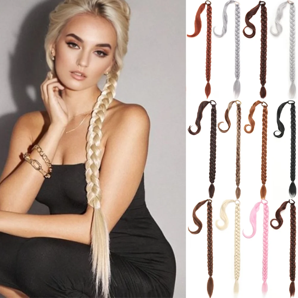 

Ponytail Extensions Synthetic Boxing Braids Wrap Around Chignon Tail With Rubber Band Hair Ring For Women Braided Braids
