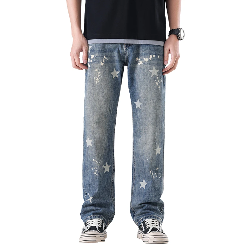 Men Stars Print Jeans Loose Painted Blue Denim Pants Non Stretch Cotton Straight Trousers