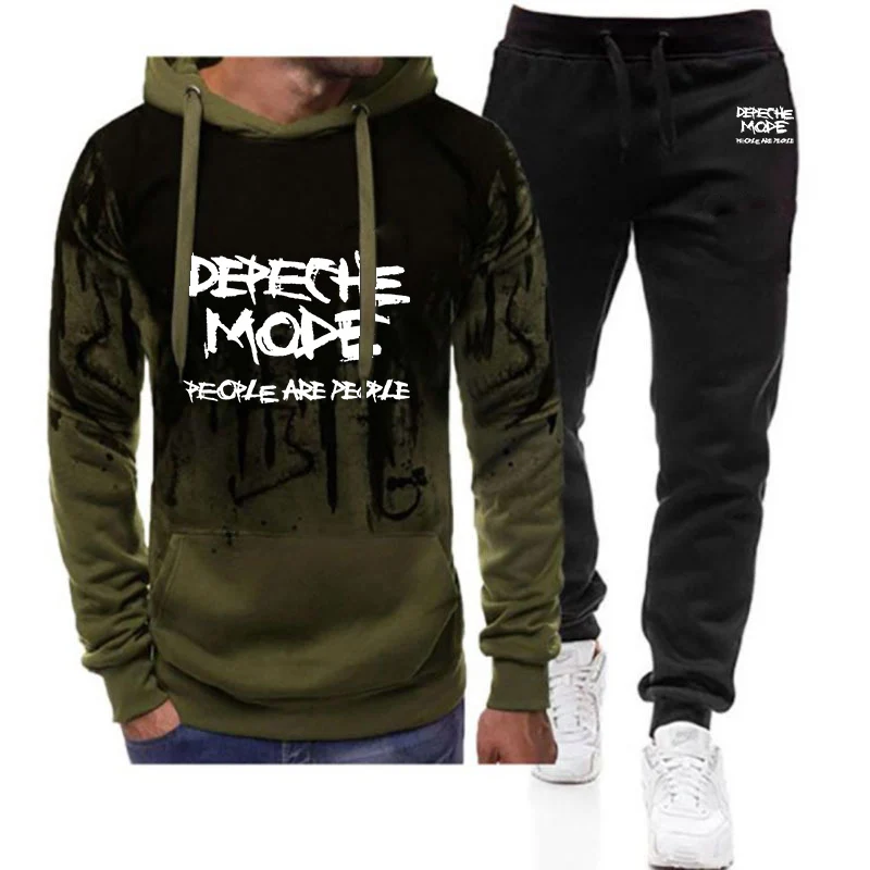 

Depeche Mode Print 2025 New Men's Fashion Spring And Autumn Gradient Color Drawstring Hooded+Sweatpant Daily Casual Suit