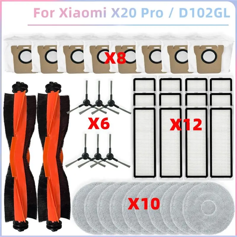 

【2026 Popular】For Xiaomi Robot Vacuum X20 PRO / D102GL Vacuum Parts Main Roller Side Brush Hepa Filter Mop Cloth Dust Bag