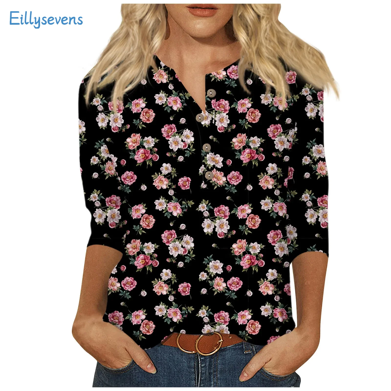 بلوزة نسائية أنيقة بطبعة زهور جميلة ، قمصان مقاس كبير للنساء ، قمم غير رسمية يومية ، كم أساسي ، قمم برقبة أزرار