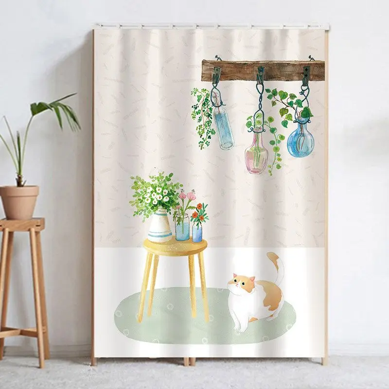 VIKAMA Cabinet Door Curtain Hand Painted Plant Cat Print Dresser Cover for Cupboard Shelf Storage Cabinet Cute Home Decor
