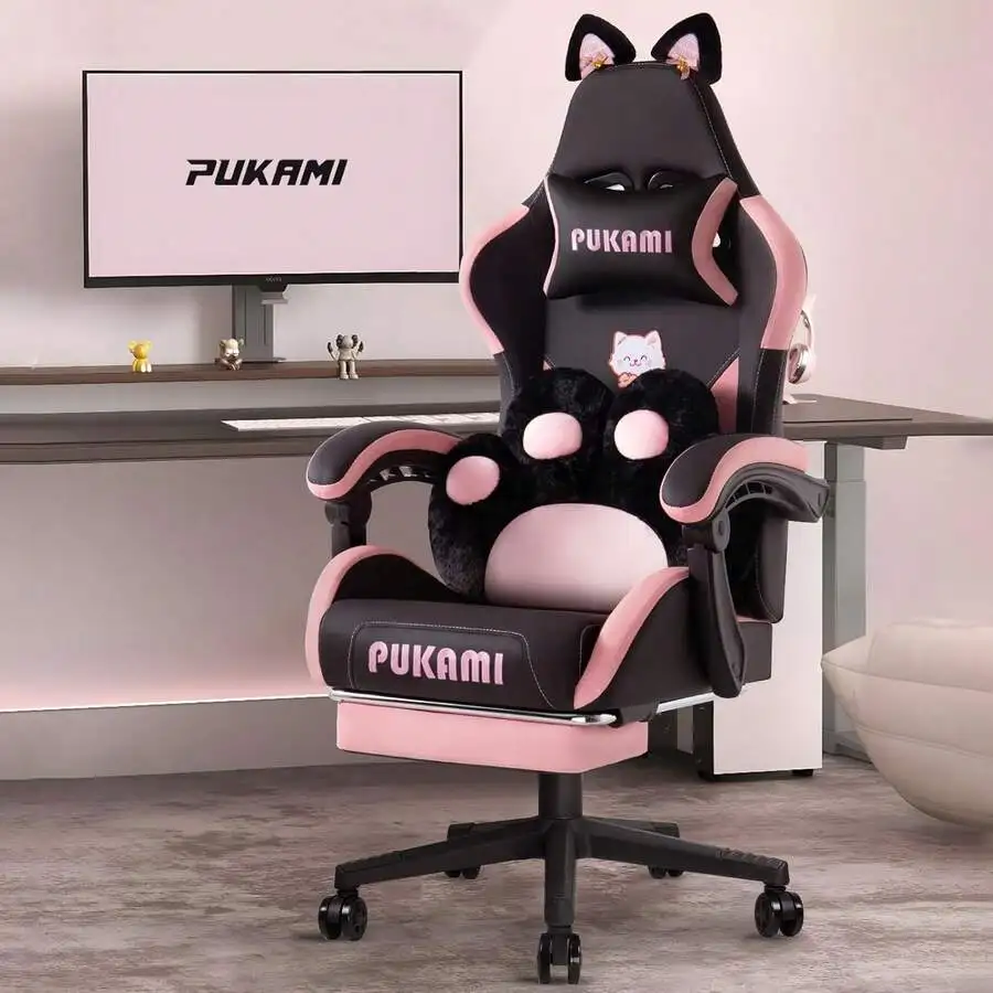 Cute Gaming Chair With Cat Ears & Cat Paw Lumbar Support, Ergonomic Reclining PC Chair For Girls, With Footrest, Headrest & Adjustable Features