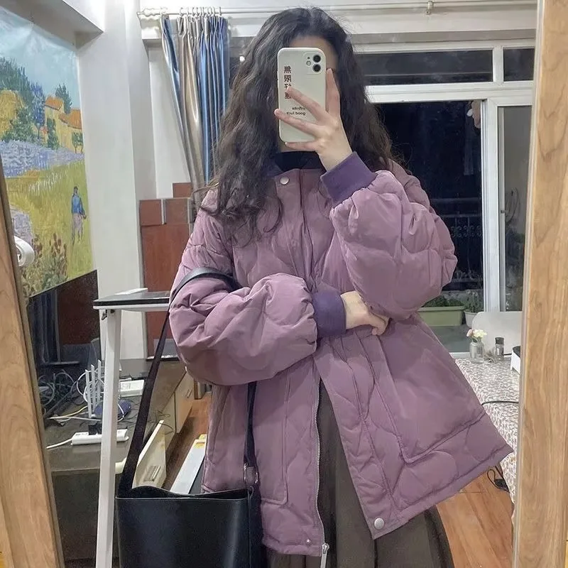 

Purple Cotton-padded Women's Long Winter New Korean Version of Loose Students Thick College Style Cotton-padded Jacket Warm New