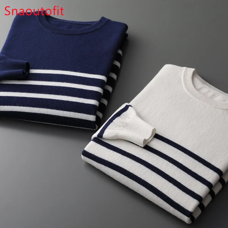 Men\'s New 100% Pure Wool Sweater O-neck Navy Style Striped Top Spring and Autumn Loose Youth Business Casual Cashmere Sweater