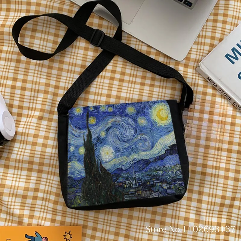 Art Print Van Gogh Oil Shoulder Bag New Linen Fabric Bag Messenger Bags Casual Foldable Girls Crossbody Bags