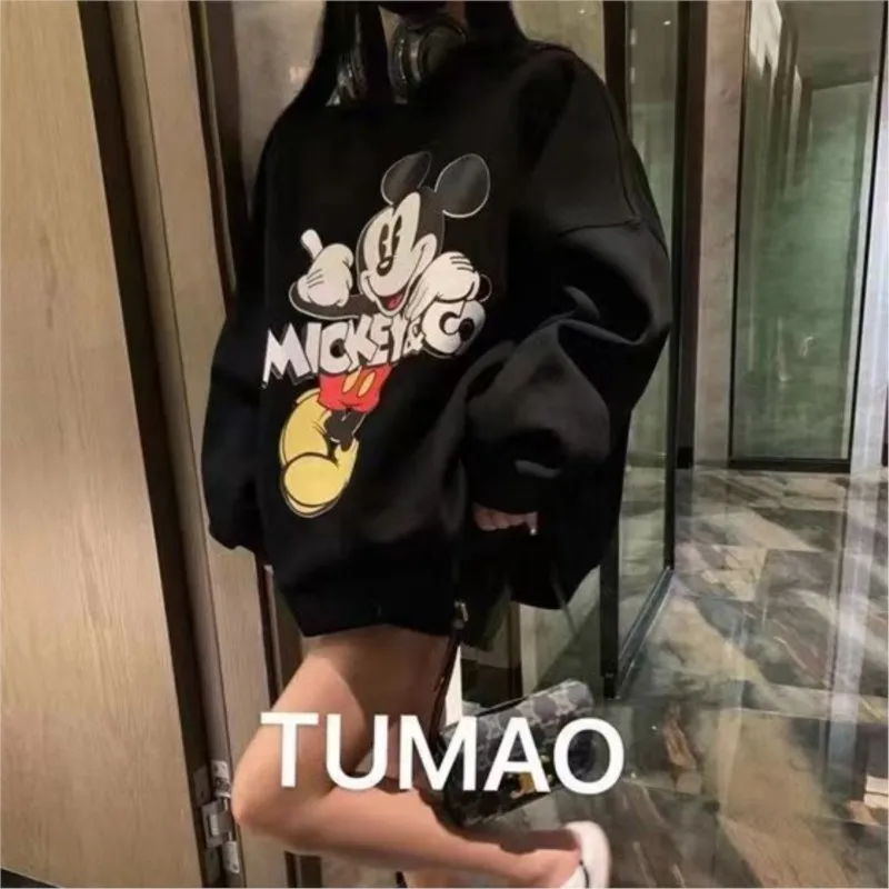 Pullover hoodie Women Spring And Autumn Thin Section New Heavy Industry Embroidery Striped Mickey cartoon Loose Pullover Tops