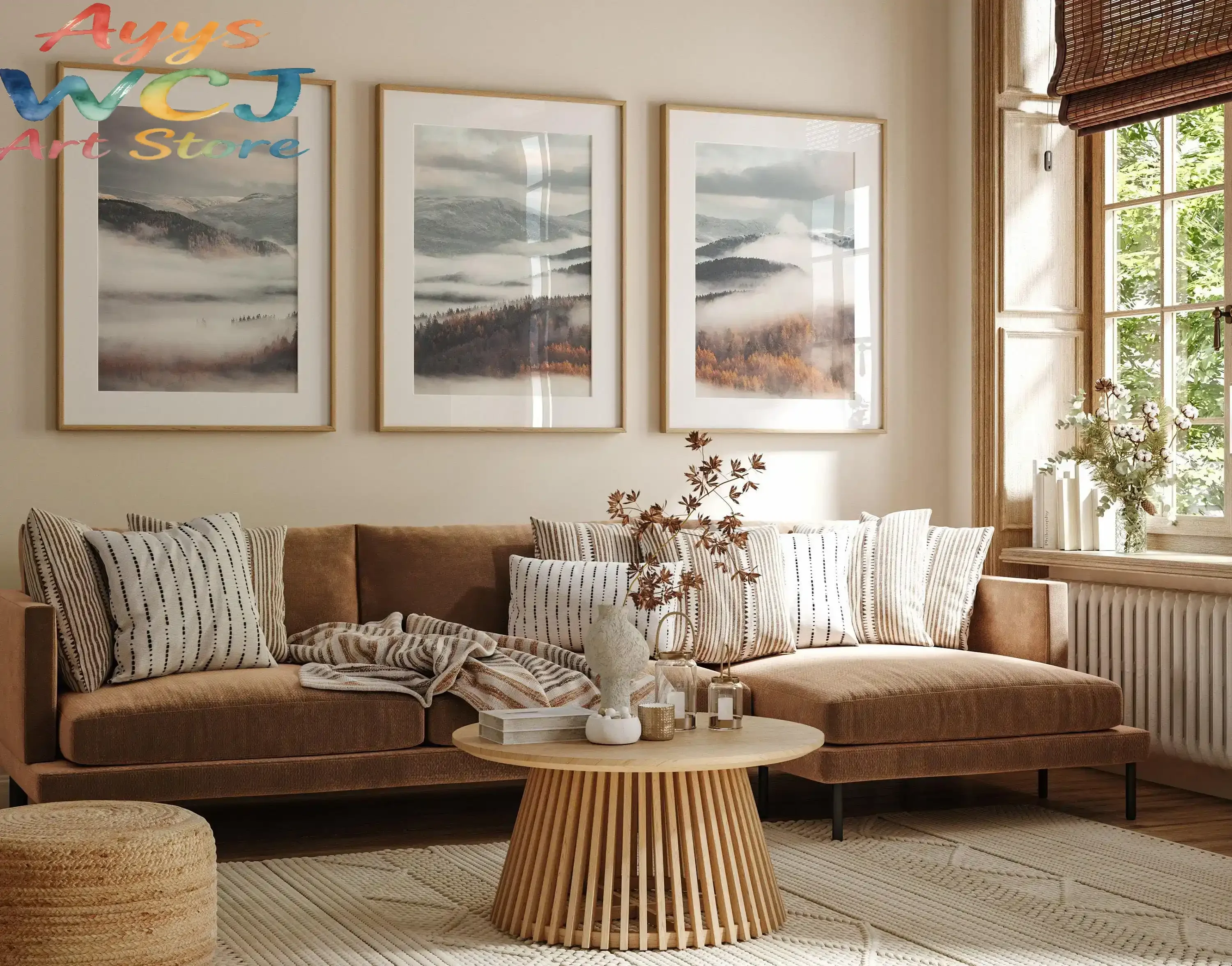 Fall Mountain Forest Wall Art Set of 3 Prints – Foggy Misty Nordic Nature Poster, Split Landscape Canvas for Home Decor Gifts