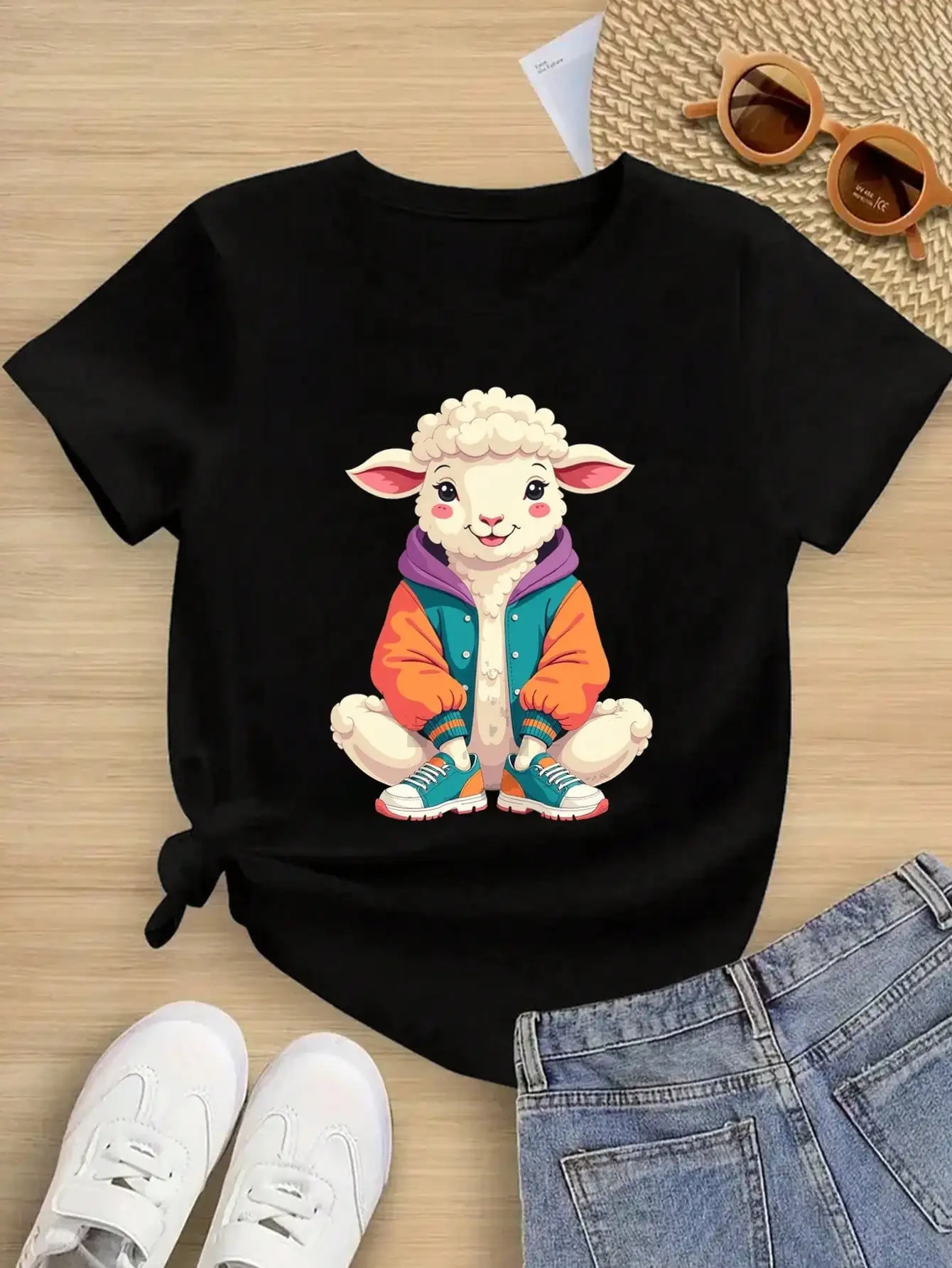 

Boys/Girls Summer Cute Animal Cotton Graphic Tees, Black Casual Summer Tops With Cartoon Sheep Design