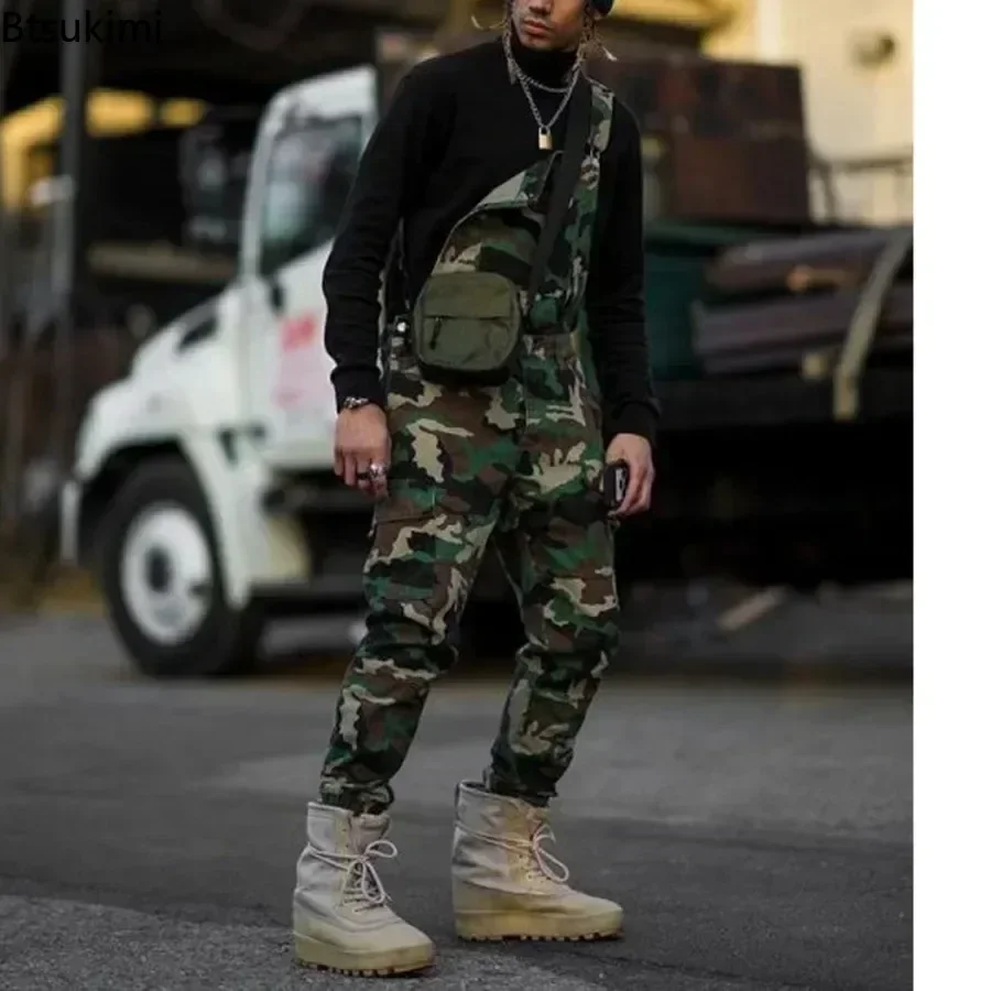 New2026 Men\'s Camouflage Strap Long Pants Overalls Cross Button Man Casual Pants Jeans One Piece Jumpsuit Denim Cargo Pants Male