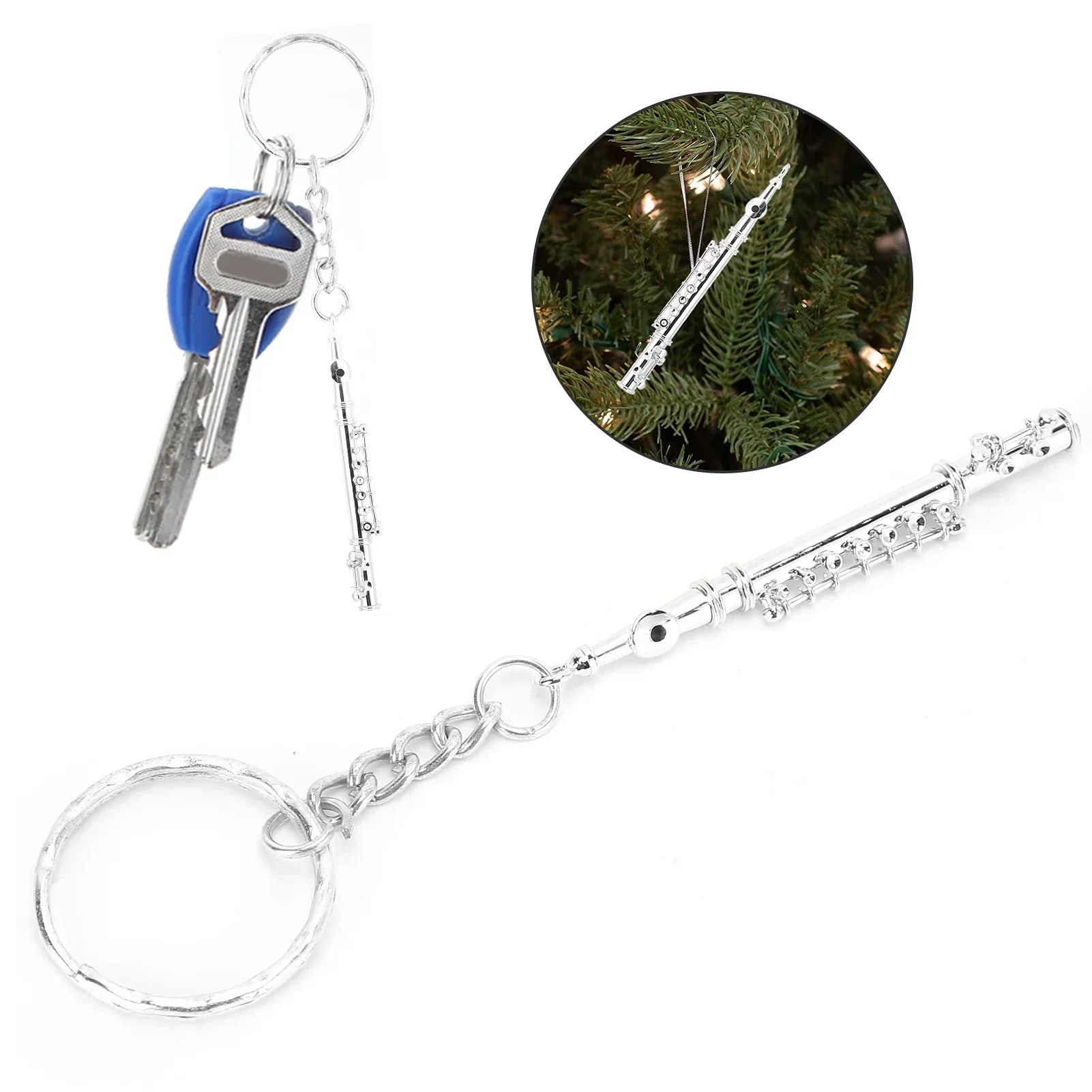 Silver Flute Keychain Metal Key Ring Gift Decoration Mini Musical Instrument Ornaments